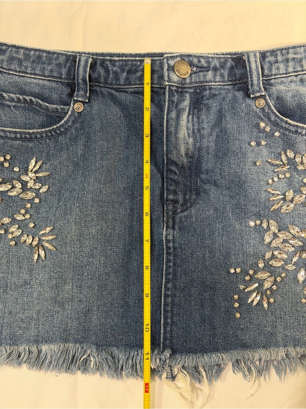 Free People Shine Bright Shine Far Denim Rhinestone Mini Skirt - Size 2 - Picture 8 of 11